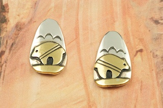 Sterling Silver Post Earrings with 12K Gold fill Bear Design. Created by Navajo Artist Tommy Singer. Signed by the artist.